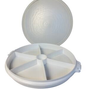 VTG Tupperware white round vegetable tray with lid, handle. 6 sections, 405